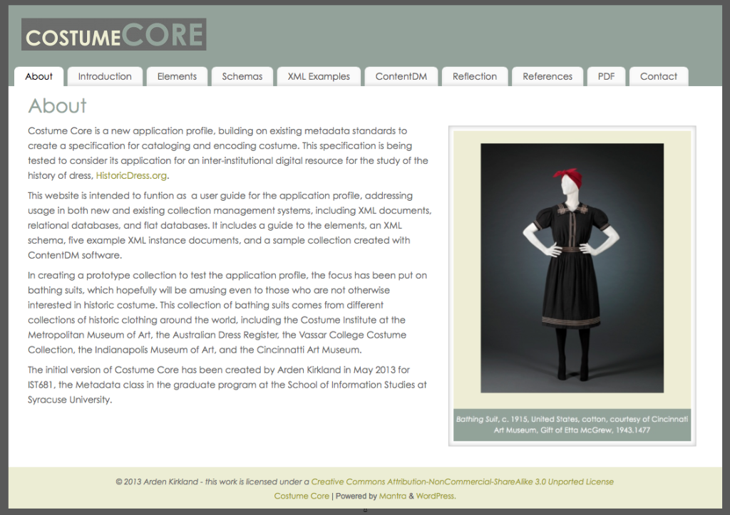 A screenshot of the website with the User Guide and examples of the Costume Core Metadata Application Profile