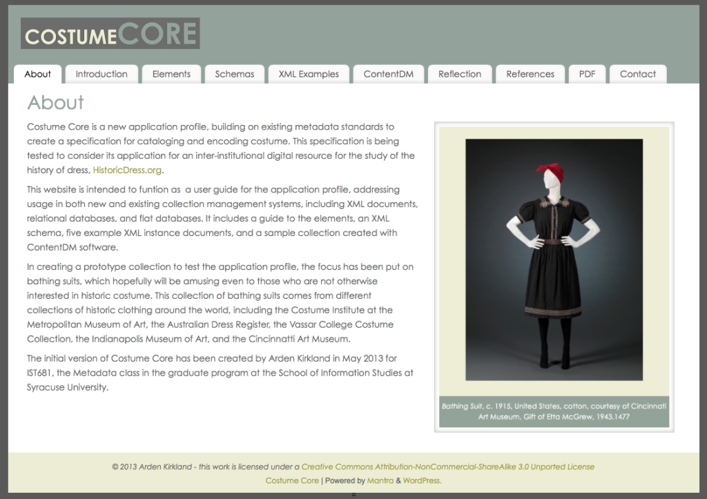 A screenshot of the About webpage for the Costume Core Metadata Application Profile