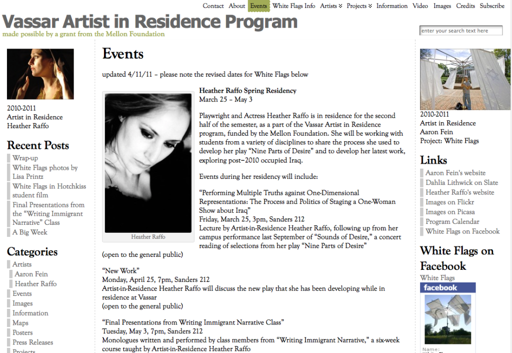 A screenshot of the Events page of the blog for the Artist in Residence pilot program at Vassar College.