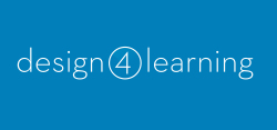 logo with white text on blue background reading "design 4 learning"