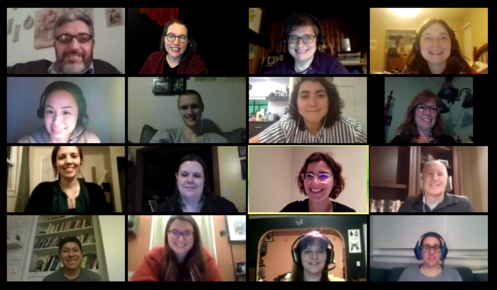 Faces of 16 people smiling while attending a class Zoom meeting