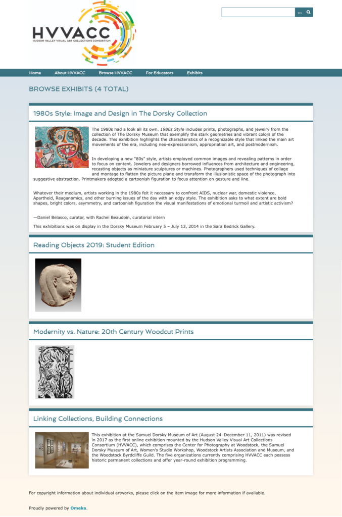 A screenshot showing 4 exhibit thumbnails and descriptions for exhibitons of the Hudson Valley Visual Art Collections Consortium