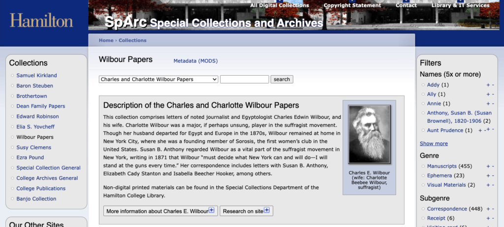 a screenshot of the main page for the  Charles and Charlotte Wilbour Papers in Special Collections and Archives at Hamilton