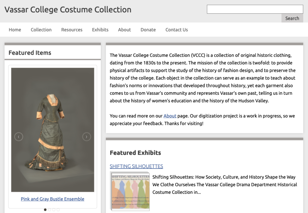 a screenshot of the website for the Vassar College Costume Collection showing an image of a bustle dress on the left and a thumbnail for an exhibit poster at the bottom
