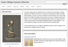 a screenshot of the website for the Vassar College Costume Collection showing an image of a bustle dress on the left and a thumbnail for an exhibit poster at the bottom